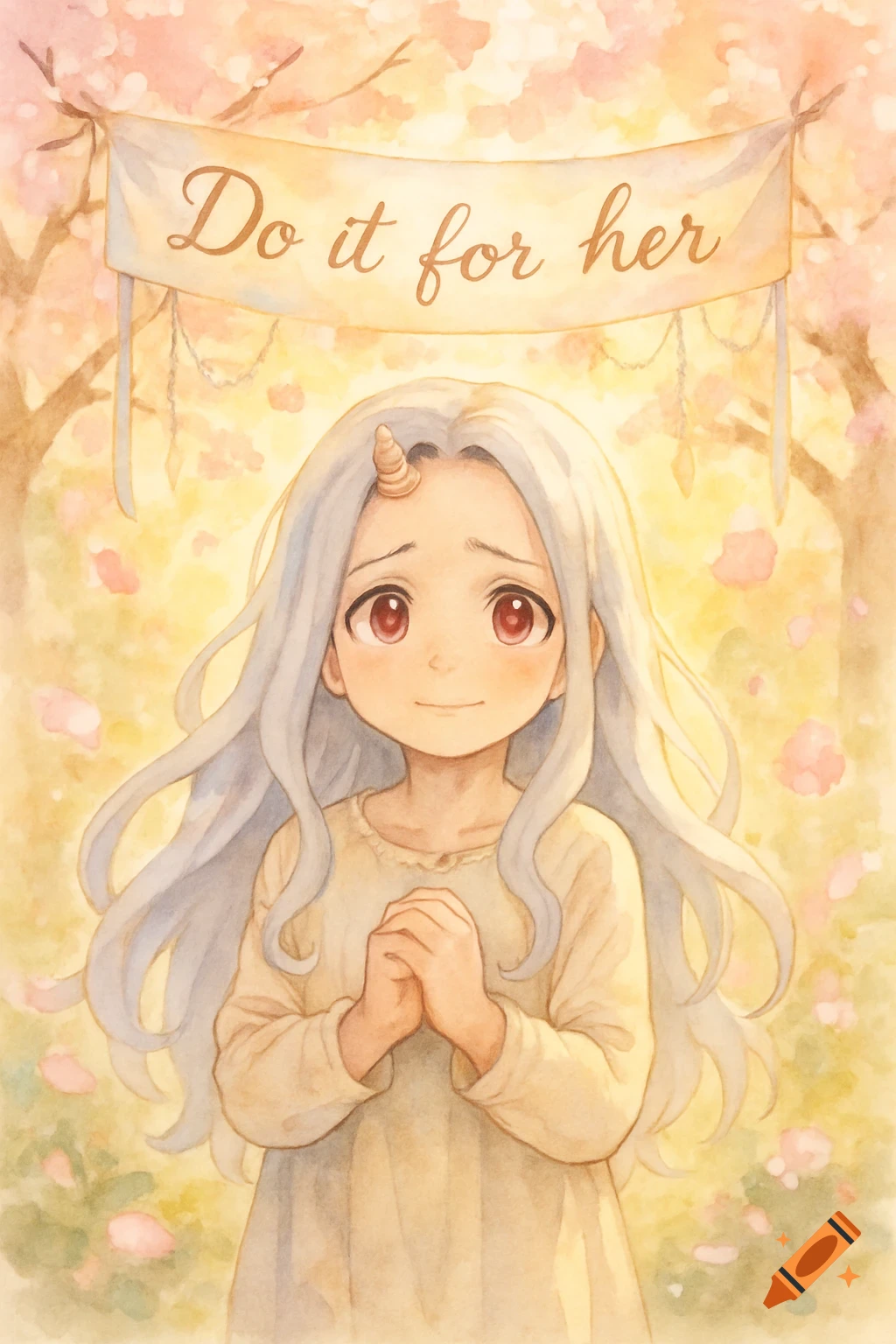 Watercolor illustration of Eri from MHA under cherry blossom trees with a banner reading 'Do it for her'.