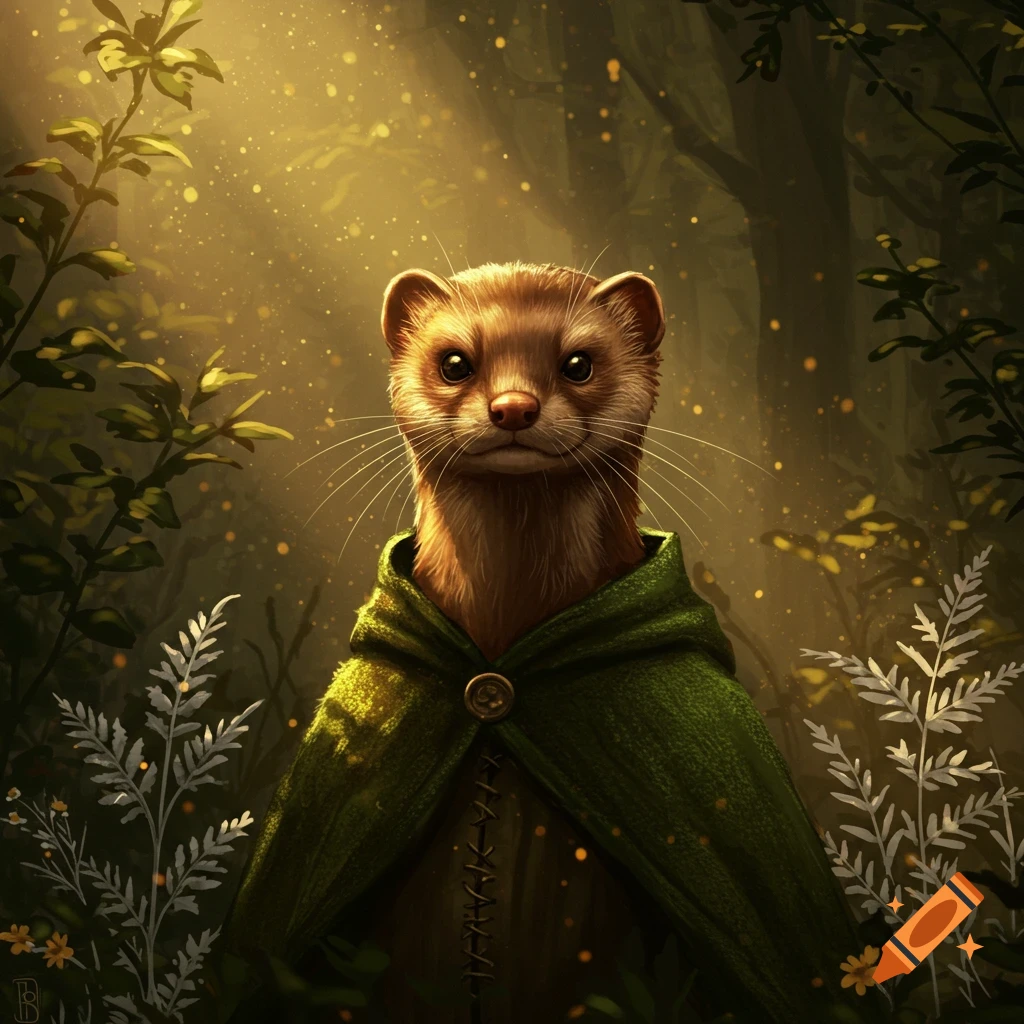 A charming illustration of a weasel-like creature in a green hooded cloak, standing in a sun-dappled forest.