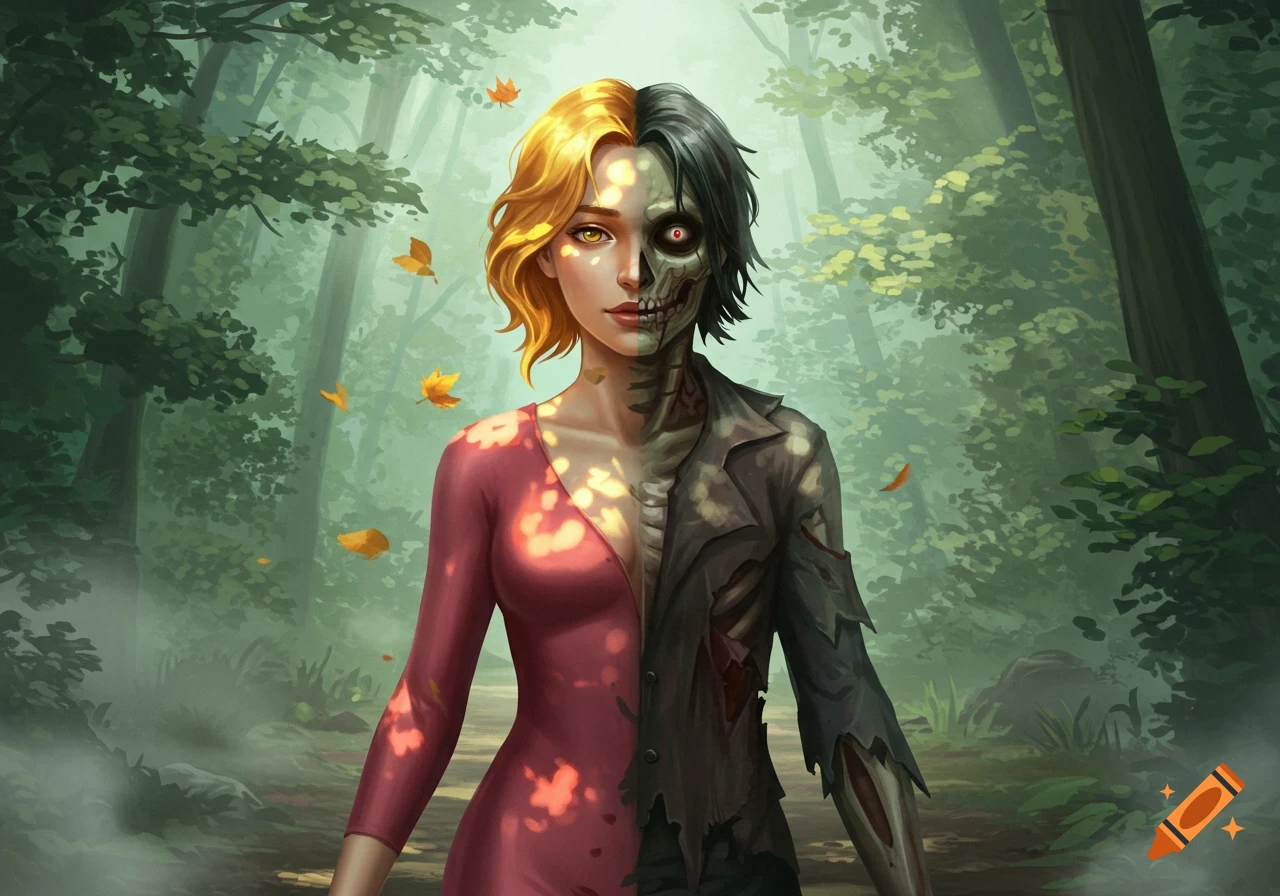 A stylized digital illustration of a woman, half human and half zombie, standing in a misty forest with autumn leaves.