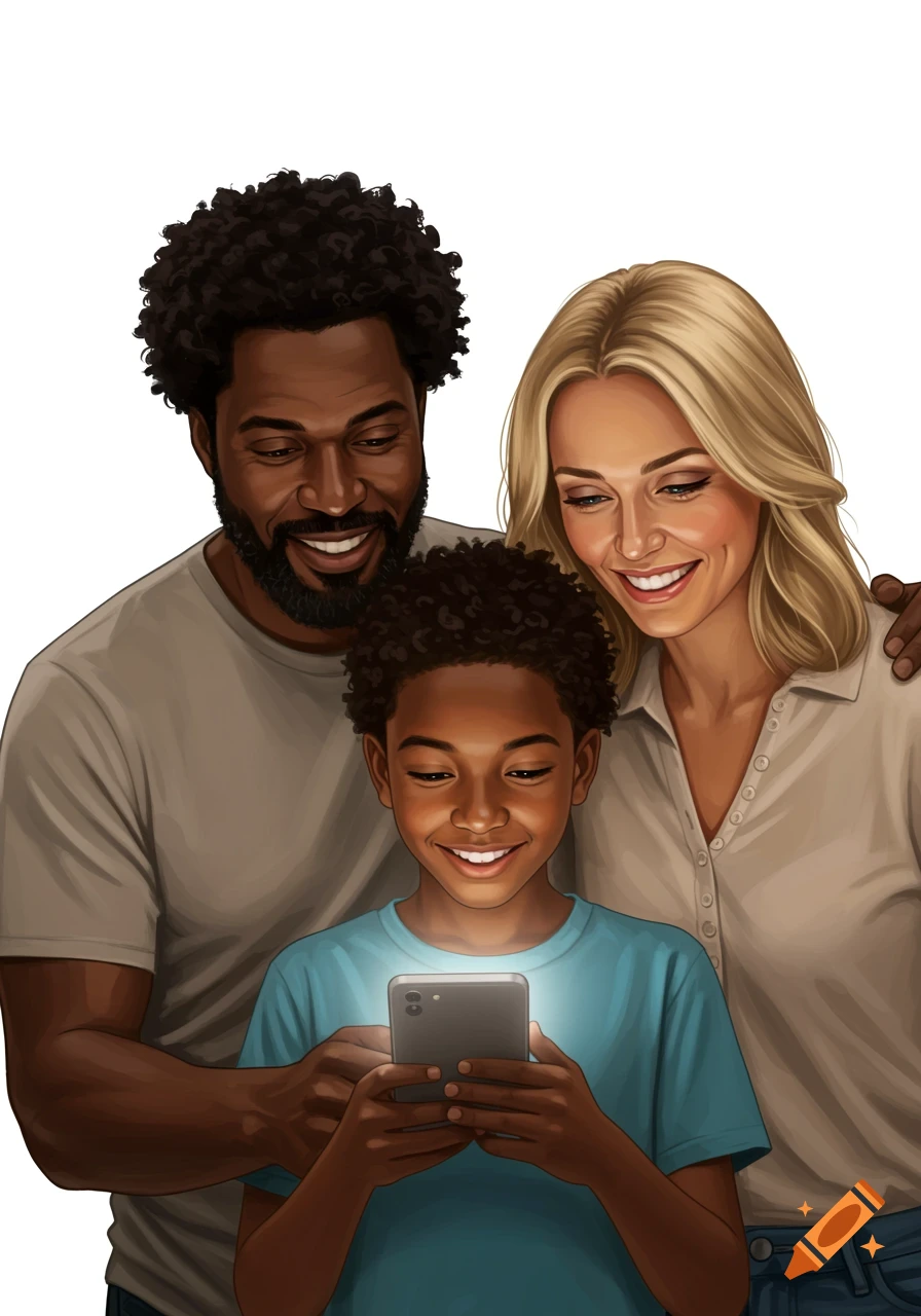 An illustrated family, including a Black father, a White mother, and their biracial son, smiling as they look at the glowing screen of a smartphone held by the son.