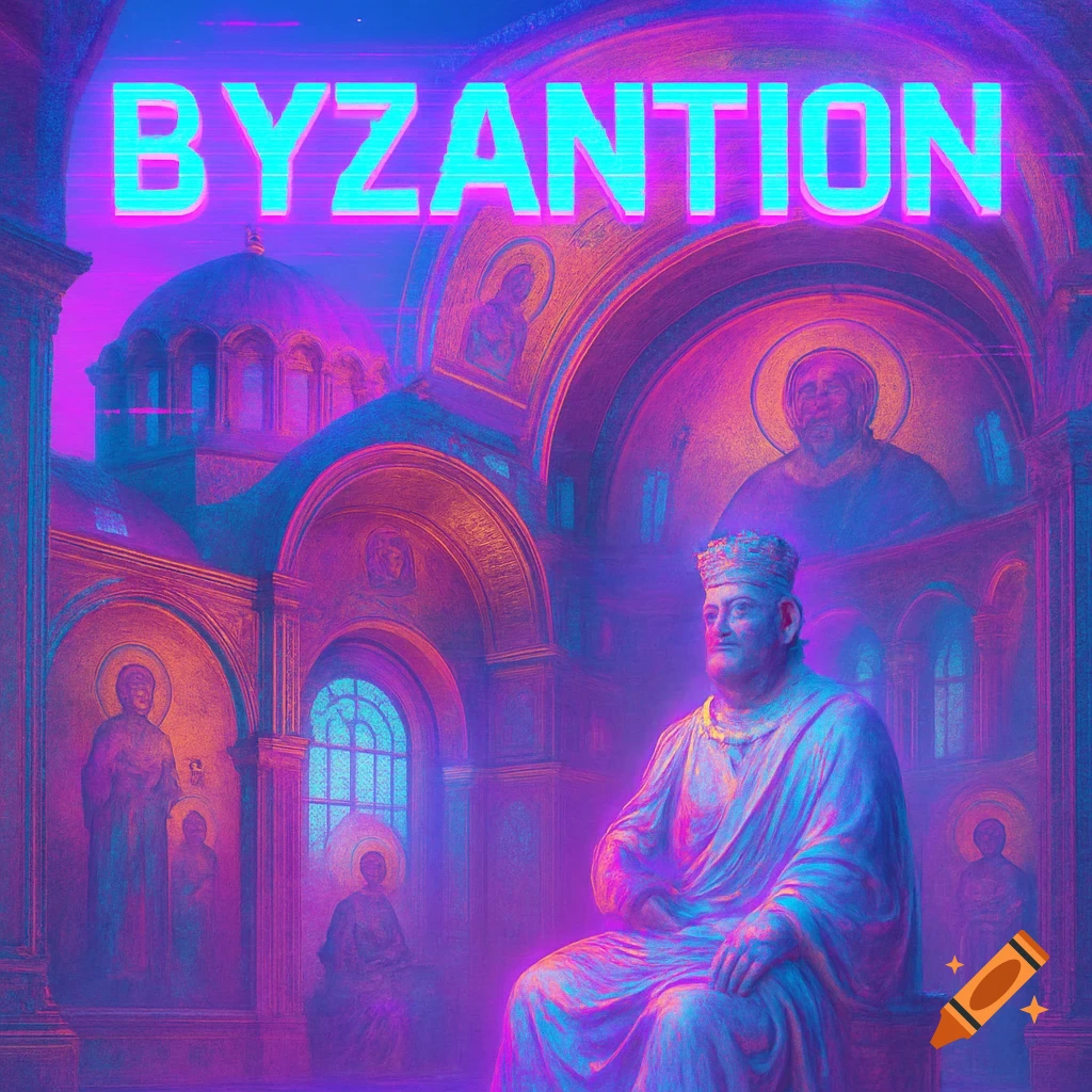 A vaporwave-style image of a Byzantine emperor in a church, bathed in neon pink, purple, and blue light. The word "BYZANTION" glows above him.