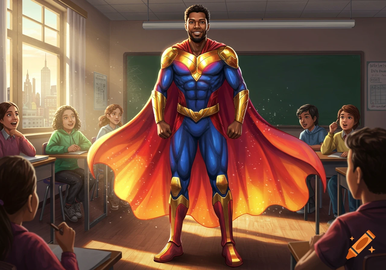 A superhero in a blue, red, and gold suit stands in a sunlit classroom before admiring children.