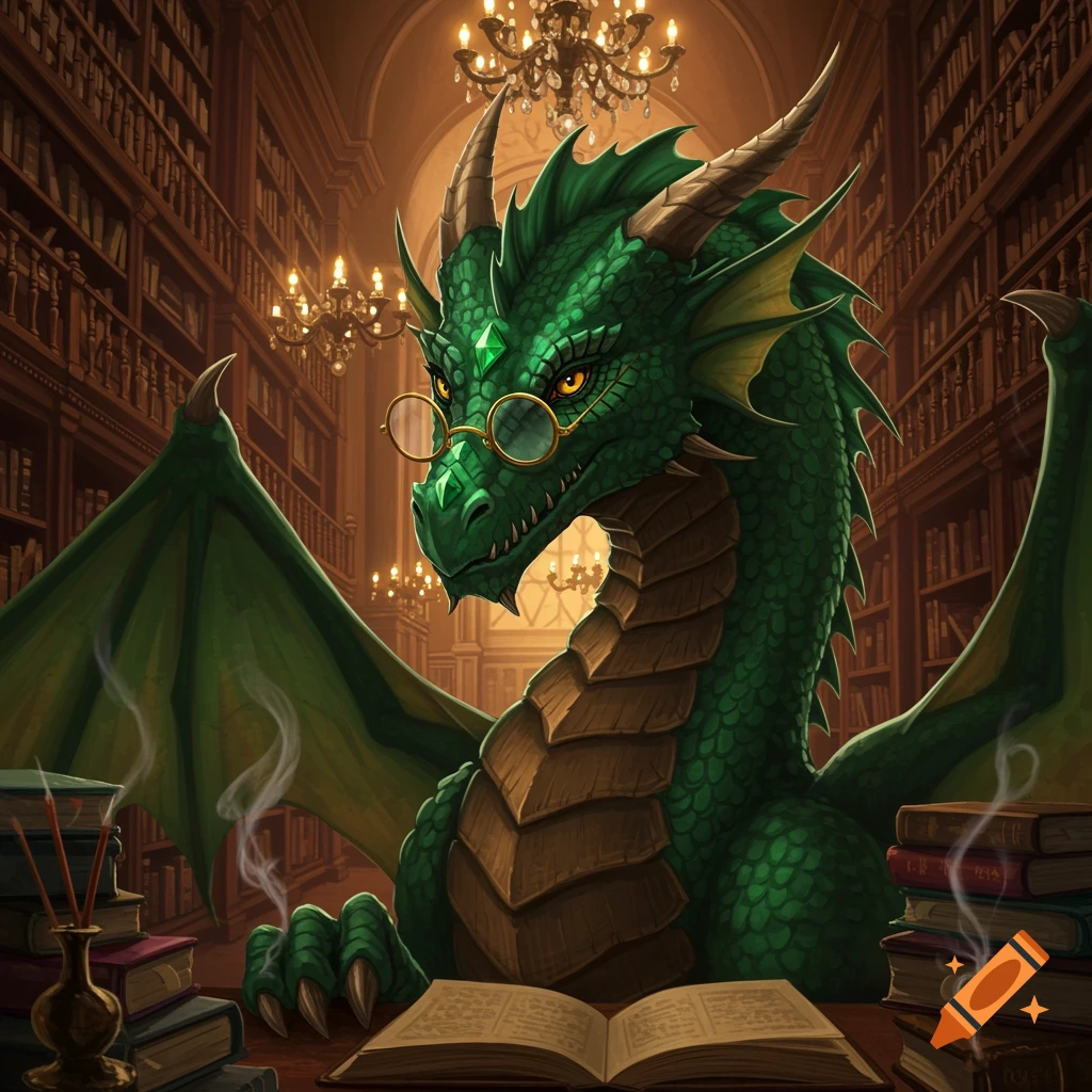 A green dragon wearing glasses reads an open book at a wooden desk in a grand, chandelier-lit library.