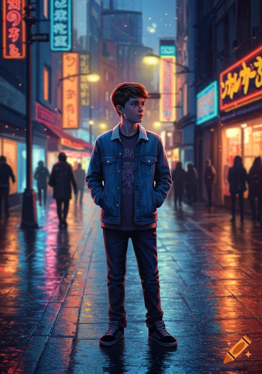 A boy in a denim jacket stands on a wet street at night, surrounded by glowing neon signs.