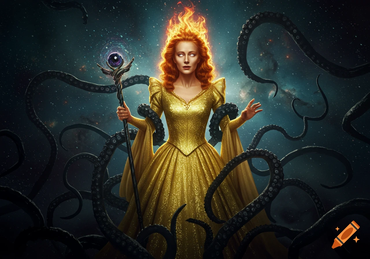 A sorceress with fiery hair and glowing eyes in a golden dress, surrounded by shadowy tentacles and cosmic light.