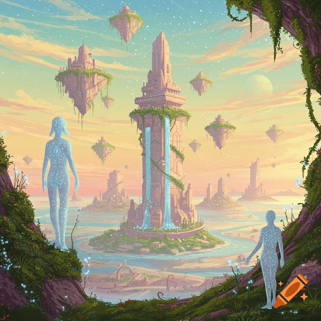 A vibrant fantasy landscape with floating islands, majestic waterfalls cascading from tall structures, and ethereal glowing figures, set against a colorful sky.