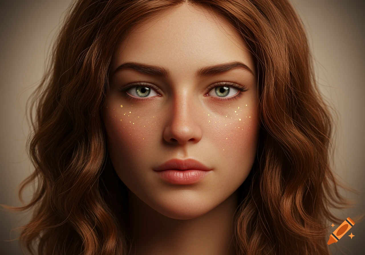 Close-up photorealistic portrait of a woman with red hair, green eyes, and golden glitter specks on her face.