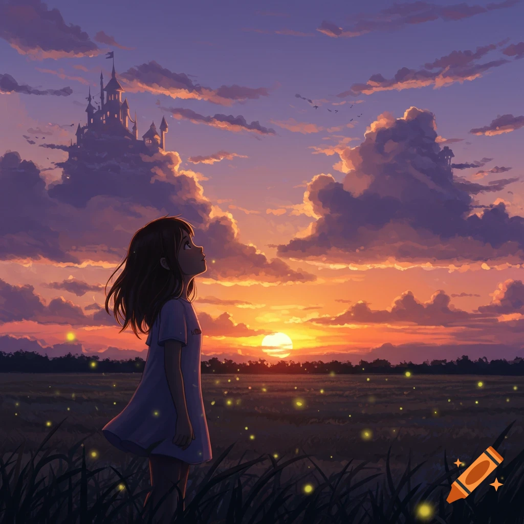 An anime girl stands in a field looking at a fantastical castle in the distance during a vibrant sunset.
