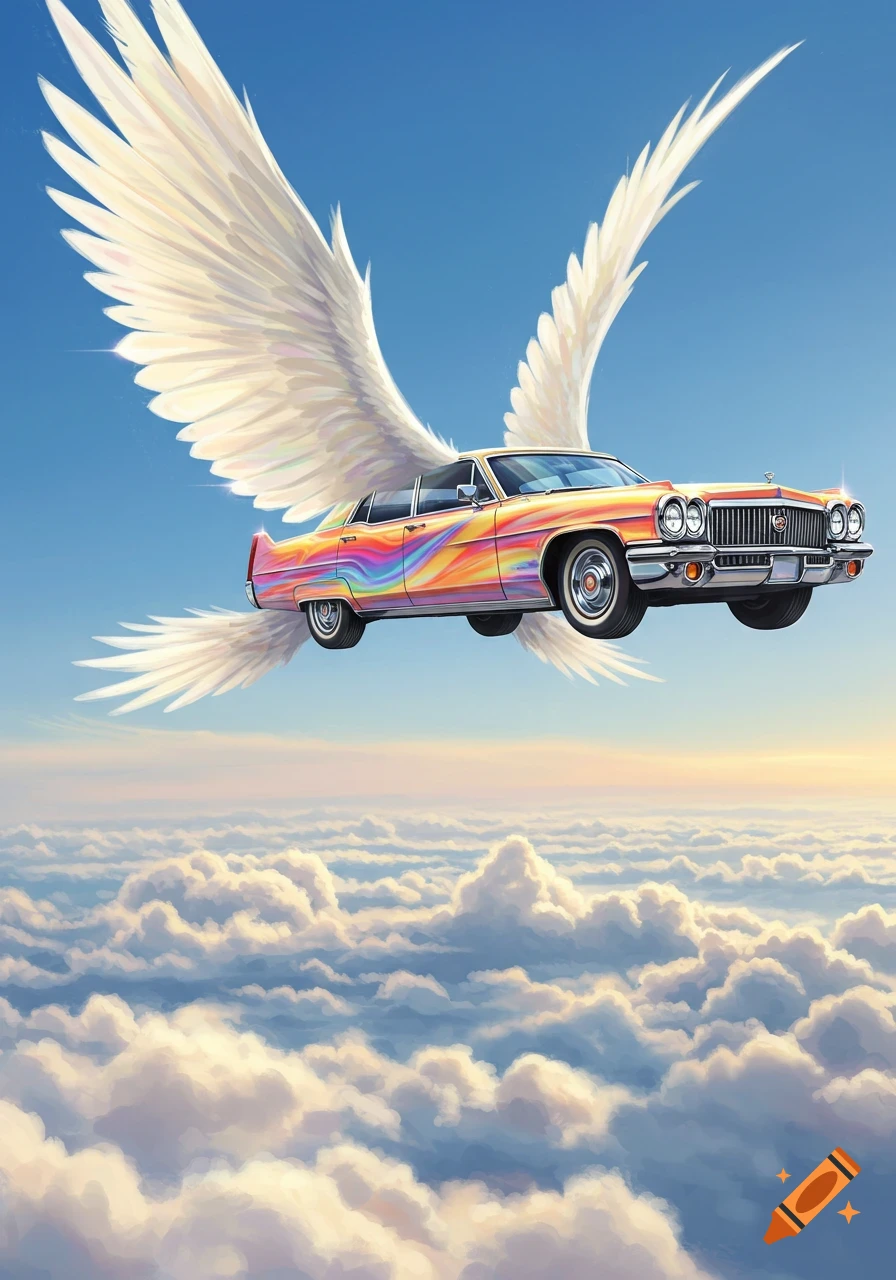 A vintage Cadillac car with a rainbow paint job flies through the sky on large white wings above a layer of fluffy clouds.