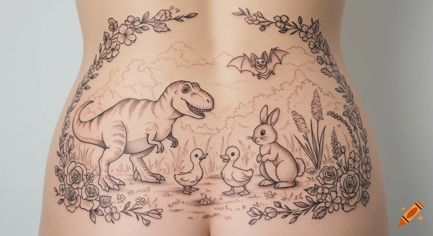 Black and grey line art tattoo on a lower back featuring a T-Rex, bunny, two ducklings, and a bat in a meadow with floral borders.