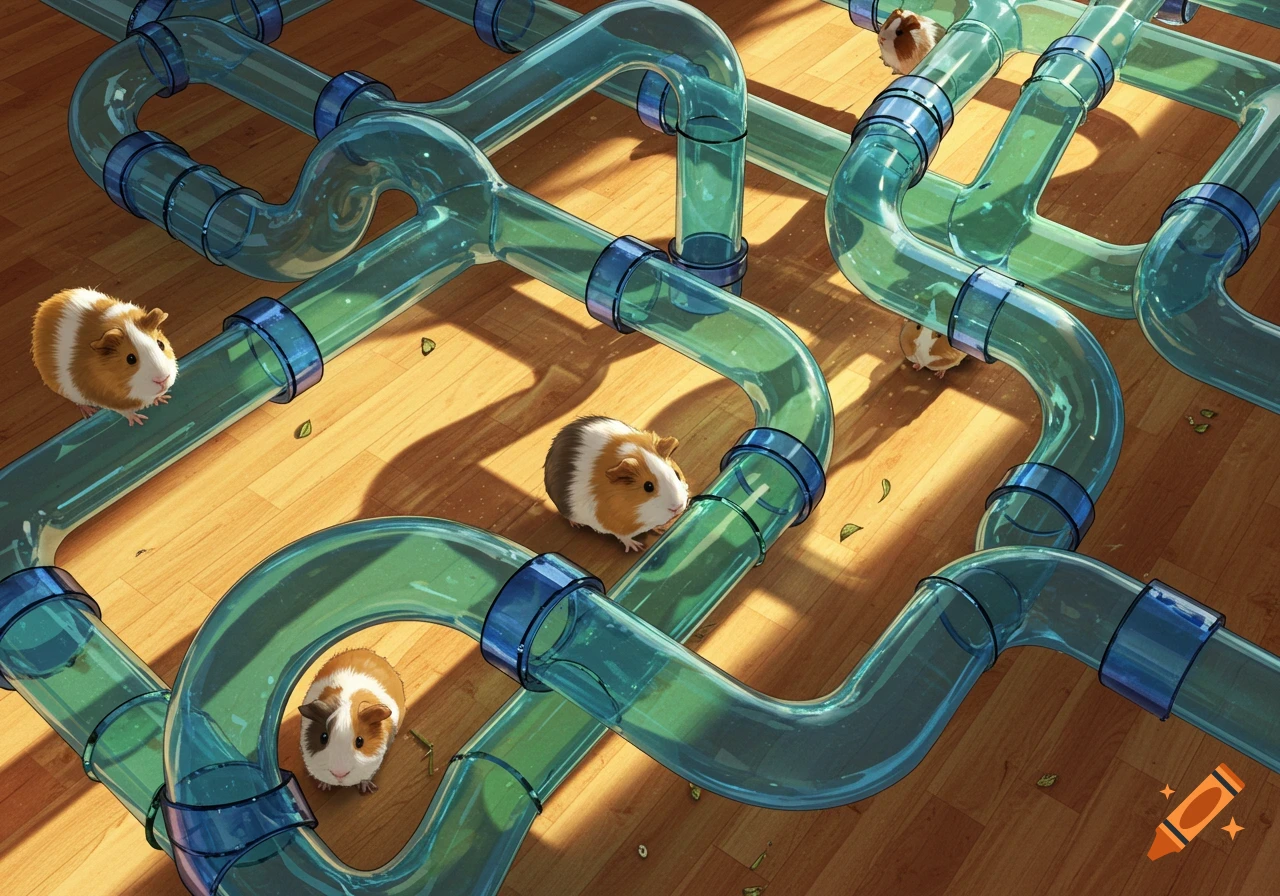 Several guinea pigs are navigating a maze of clear blue plastic pipes on a wooden floor, lit by sunlight.