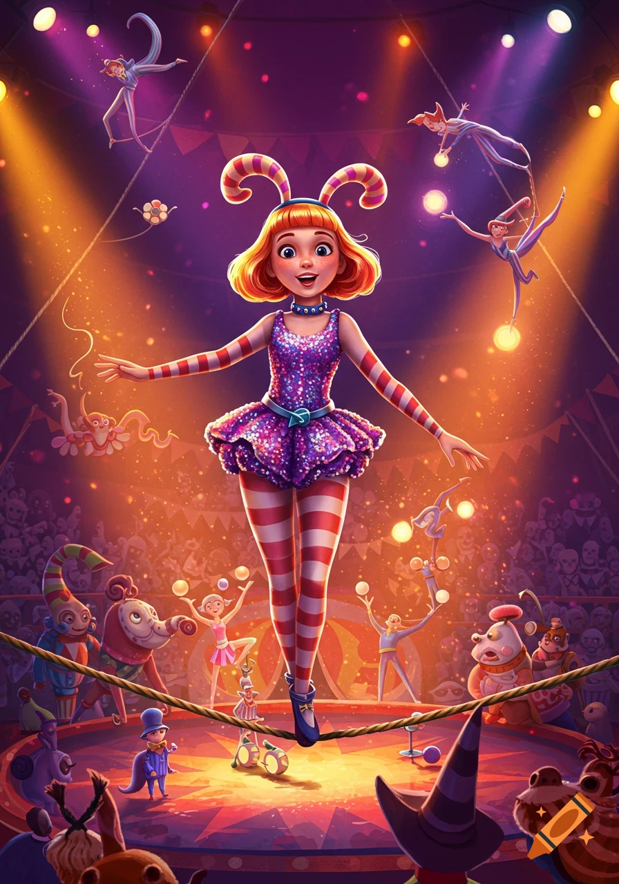 A vibrant digital illustration of a Pomni-like character in a sparkly circus outfit, balancing on a tightrope.