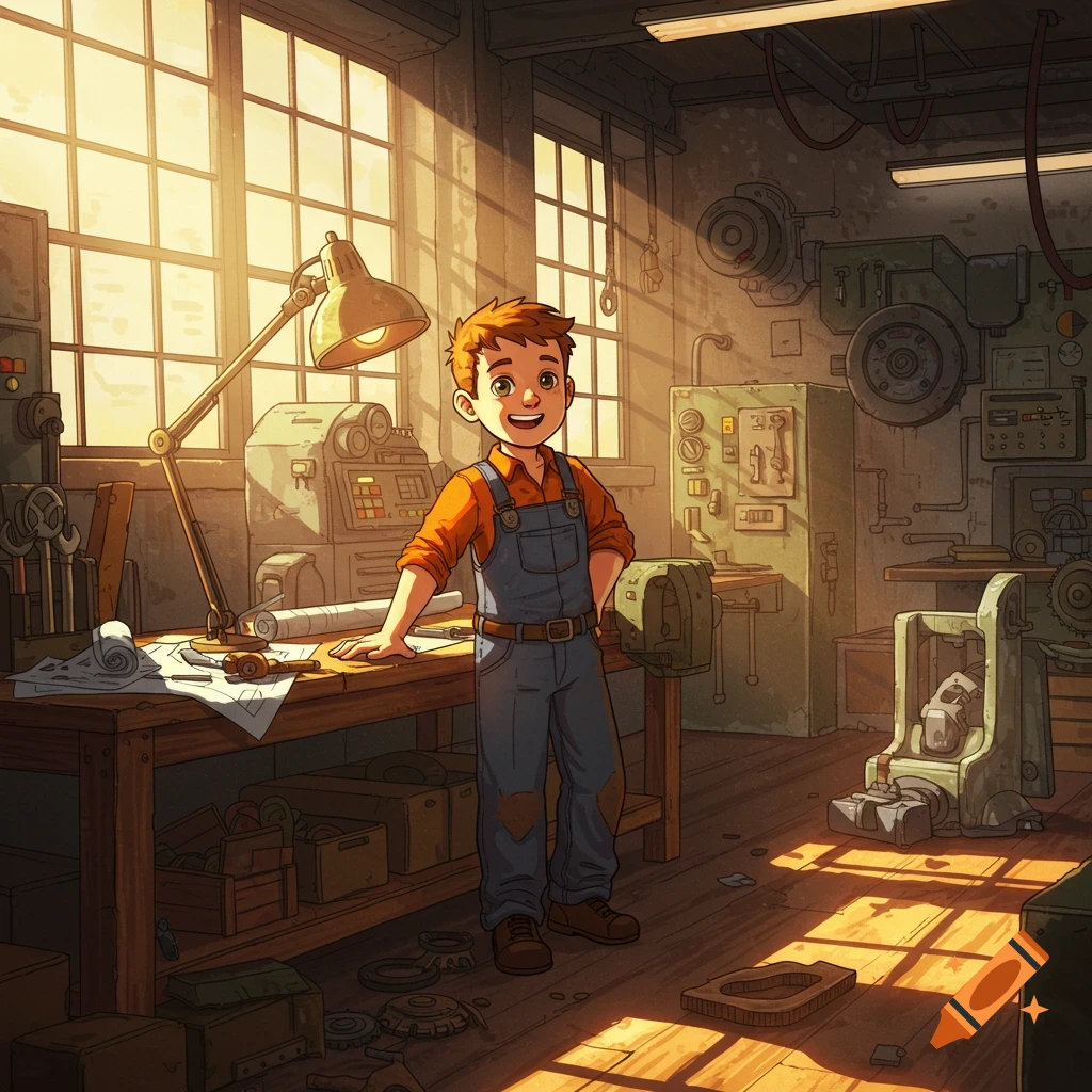 A smiling cartoon boy in blue overalls and an orange shirt stands in a sunlit workshop, leaning on a wooden workbench with blueprints.