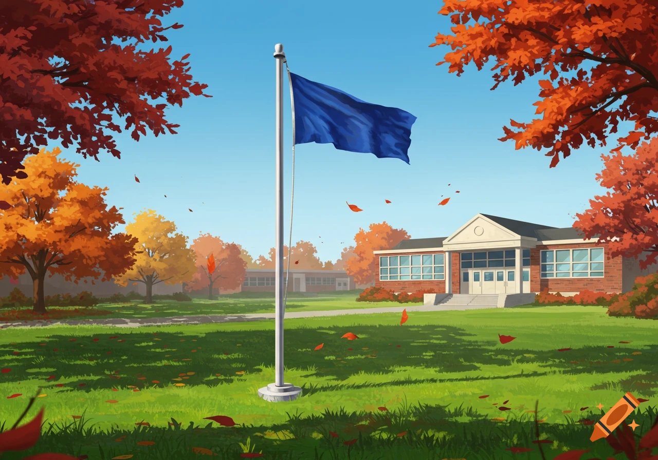 A cartoon-style image of a school building with a blue flagpole on a green lawn surrounded by red and orange autumn trees under a clear sky.