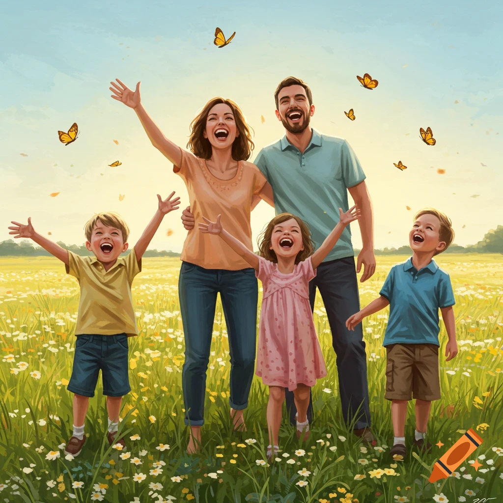 A joyful family of five, with three young children, stand with arms open wide in a sunny field filled with wildflowers and butterflies.