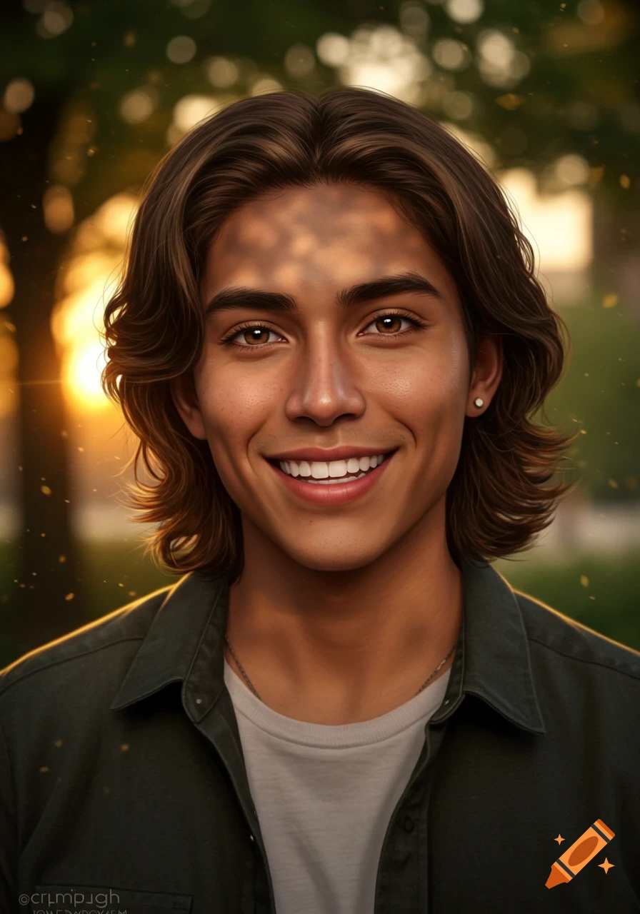 A smiling young man with long brown hair and brown eyes, wearing a dark shirt and a white t-shirt, stands in warm sunlight with dappled shadows on his face. Photorealistic.