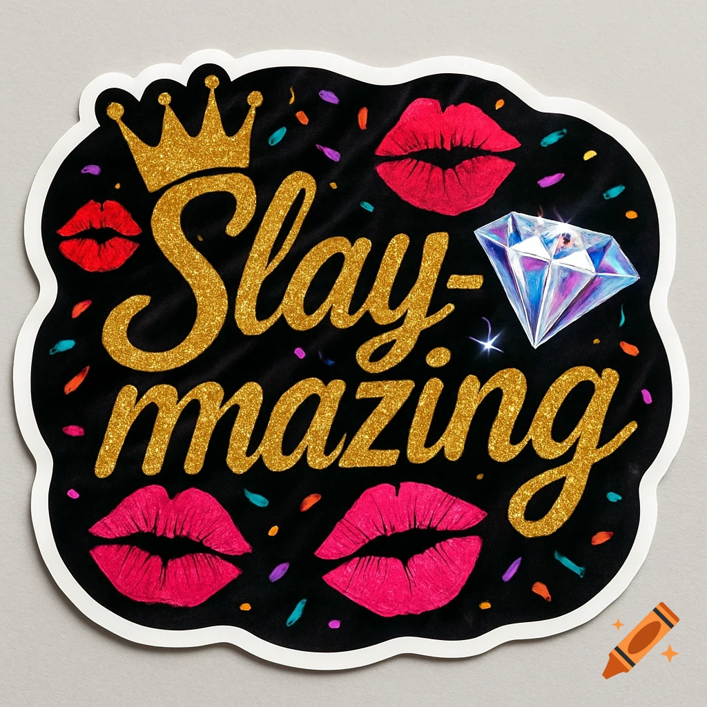A black sticker with 'Slay-mazing' in gold glitter script, surrounded by pink and red lipstick kiss marks, a gold crown, and a diamond, with colorful confetti.