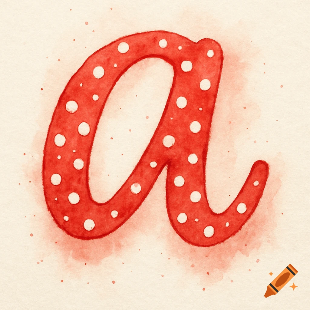 A red lowercase letter 'a' with white polkadots, painted in a watercolor style.