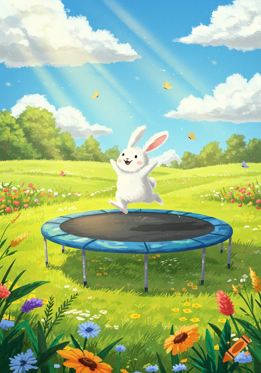 A happy cartoon white bunny jumps on a blue trampoline in a sunny green field with colorful flowers and butterflies.