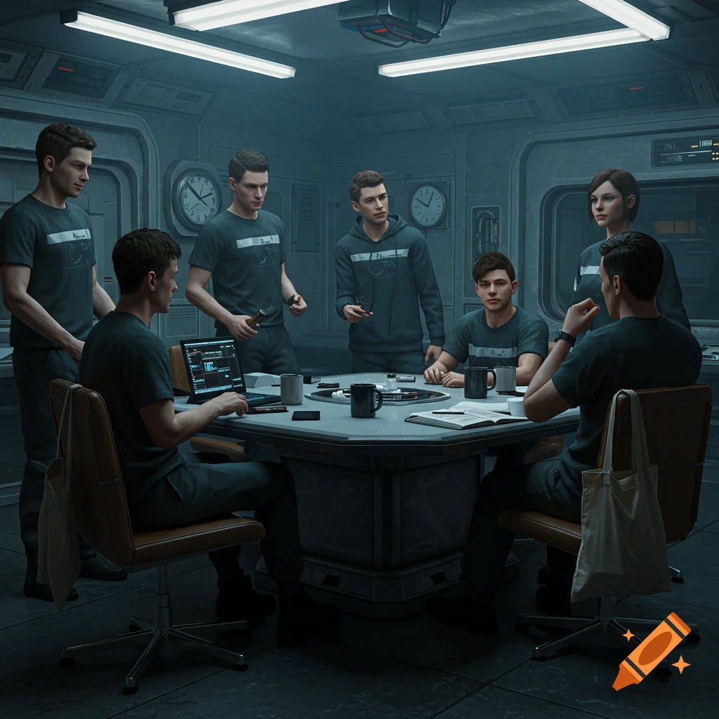 A group of crew members in dark uniforms gathers around a hexagonal table in a dimly lit, industrial-style spaceship mess hall.