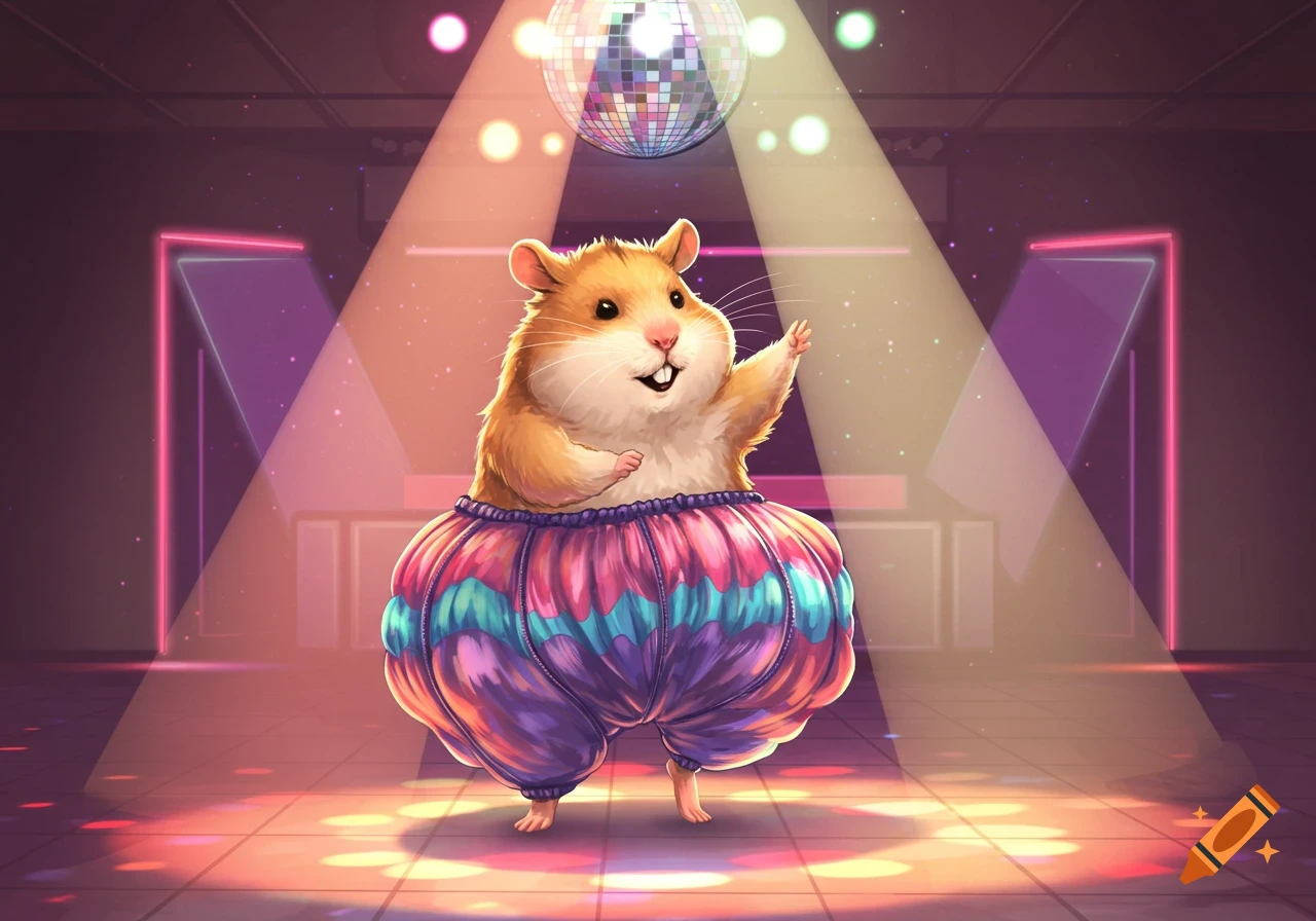 A fluffy hamster wearing colorful parachute pants dances under a disco ball and spotlights in a nightclub.