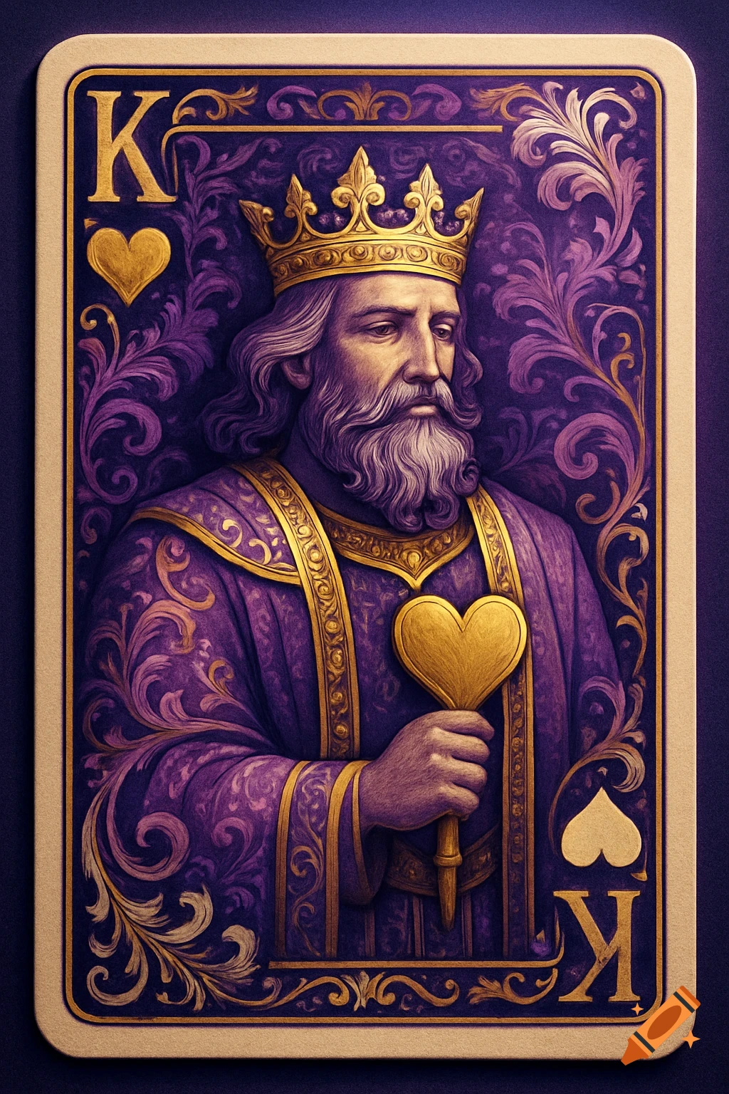 A purple King of Hearts playing card featuring a regal king with a golden crown and beard, holding a golden heart scepter, in an ornate, fantasy art style.