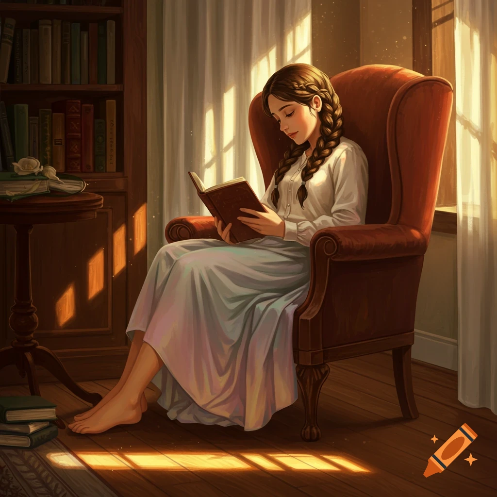 A girl with braided brown hair reads a book in a cozy armchair bathed in warm sunlight from a window.