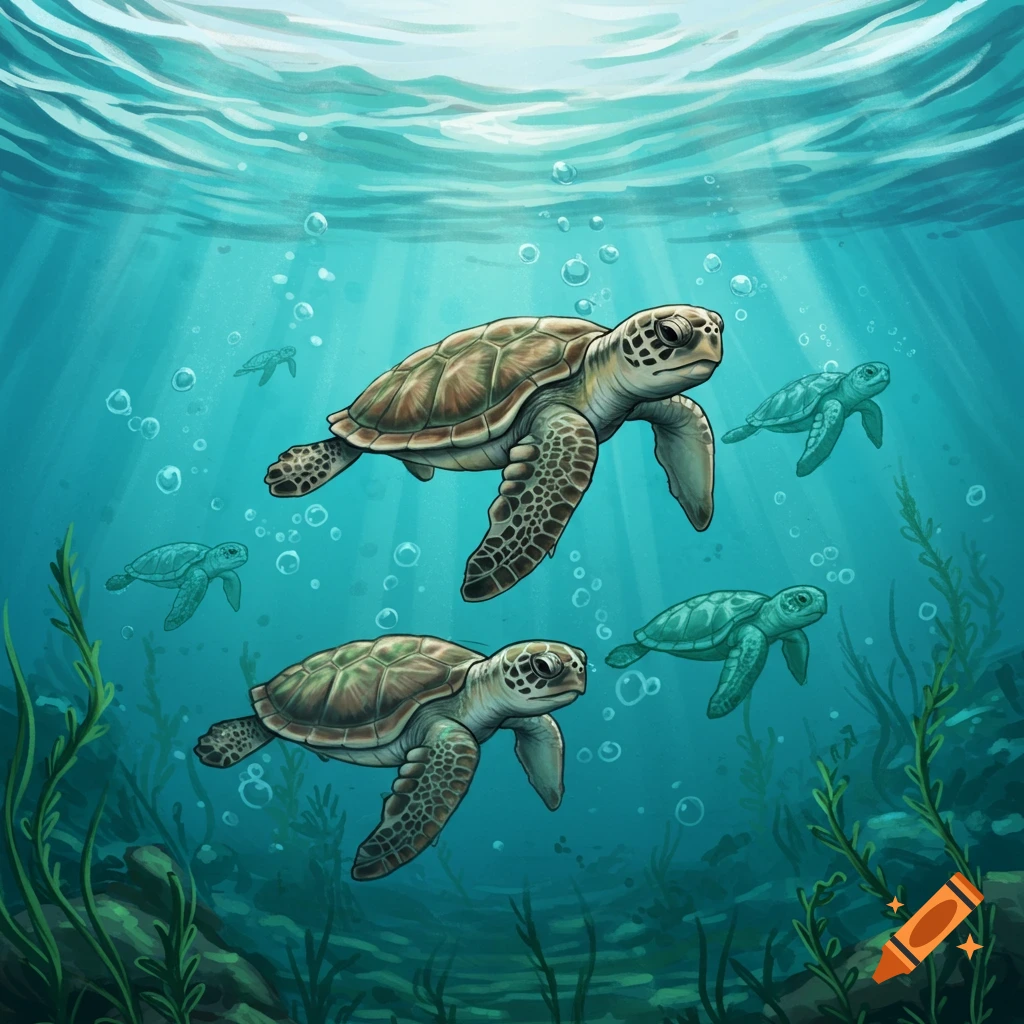 Several realistic sea turtles swim in clear blue ocean water with sunlight streaming from above and green plants on the seafloor.