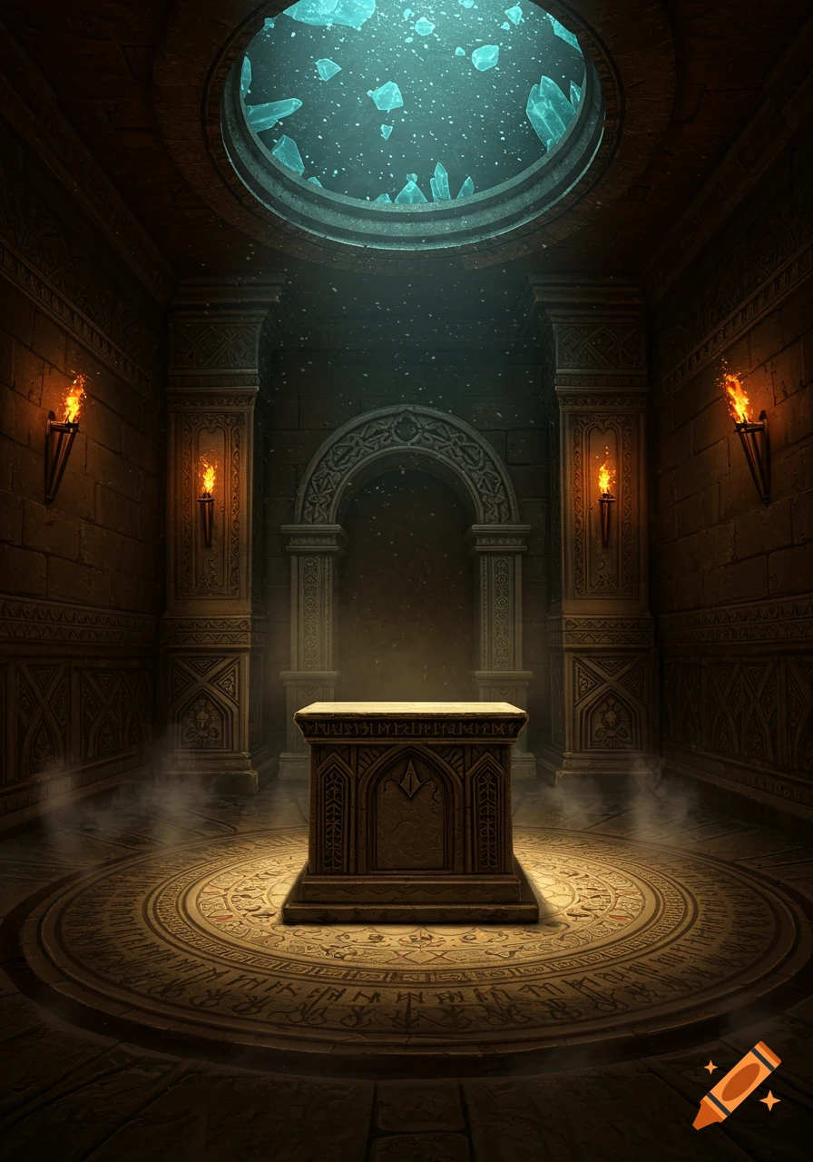 A dark, ancient fantasy room with a central pedestal, ornate carvings, torches, and light streaming from an icy circular opening above.