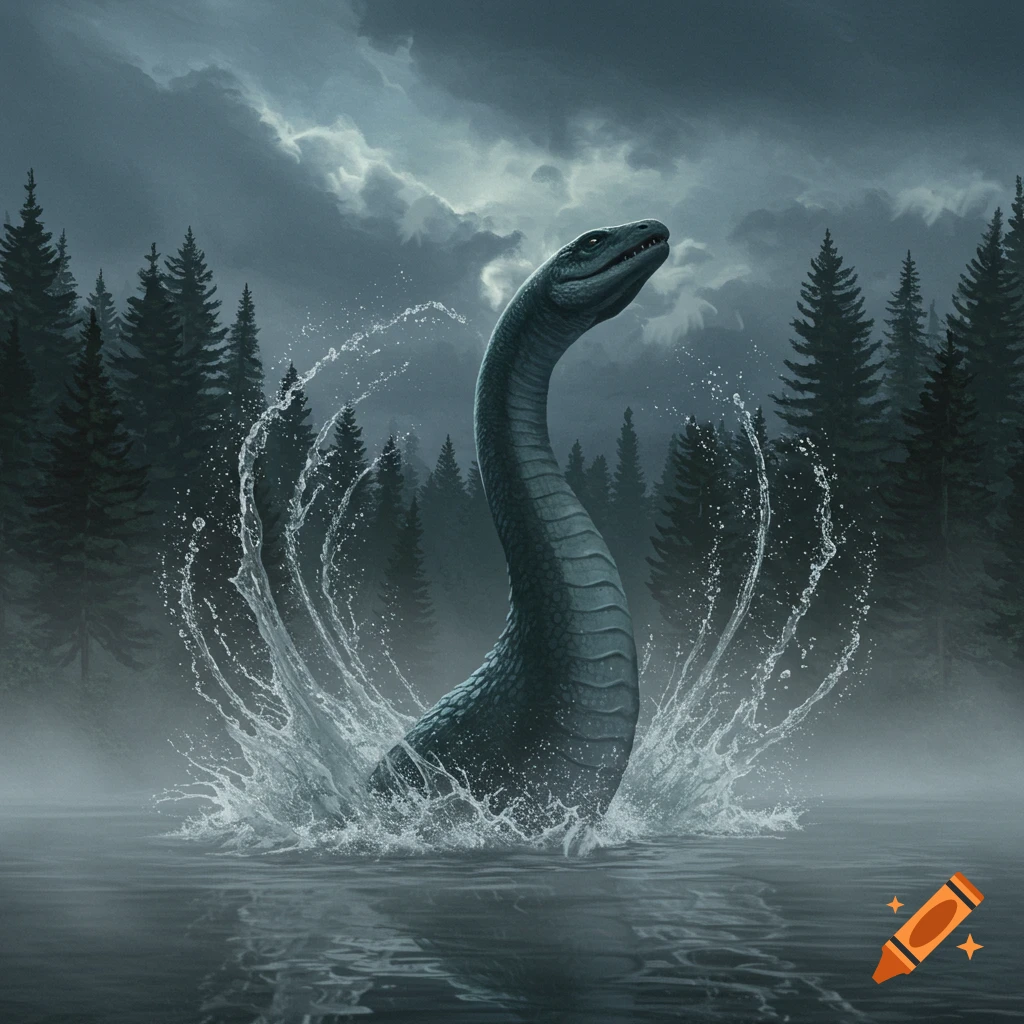 A large, dark Loch Ness Monster emerges from a foggy lake with a huge splash, surrounded by pine trees under a cloudy sky.