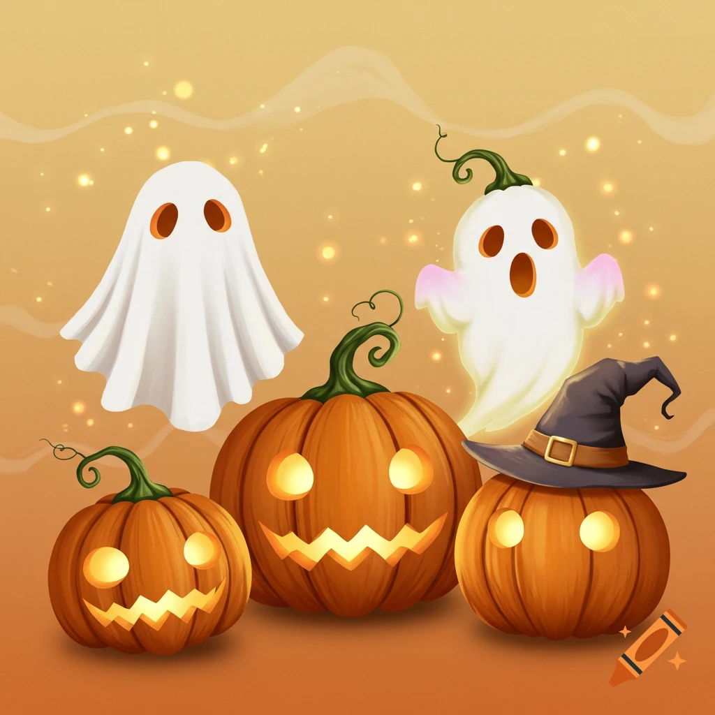 Clipart illustration of three jack-o'-lanterns, one wearing a witch's hat, and two white ghosts on an orange background with sparkles.