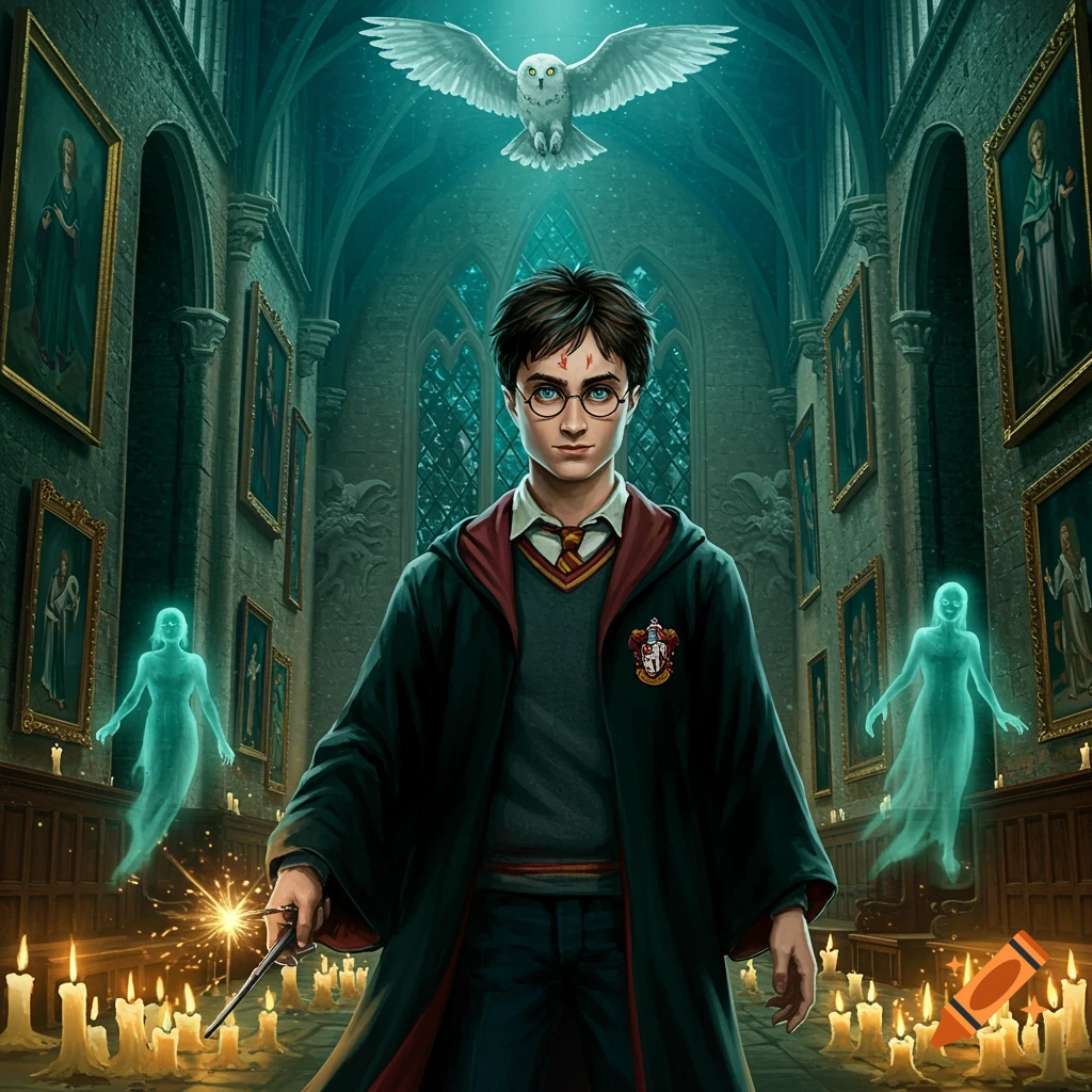 Harry Potter in a Hogwarts hall with an owl, ghosts, and candles, holding a sparking magic wand. Digital art.