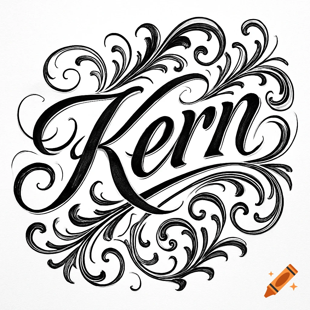 Black and white calligraphic rendering of the word 'Kern' surrounded by intricate filigree.