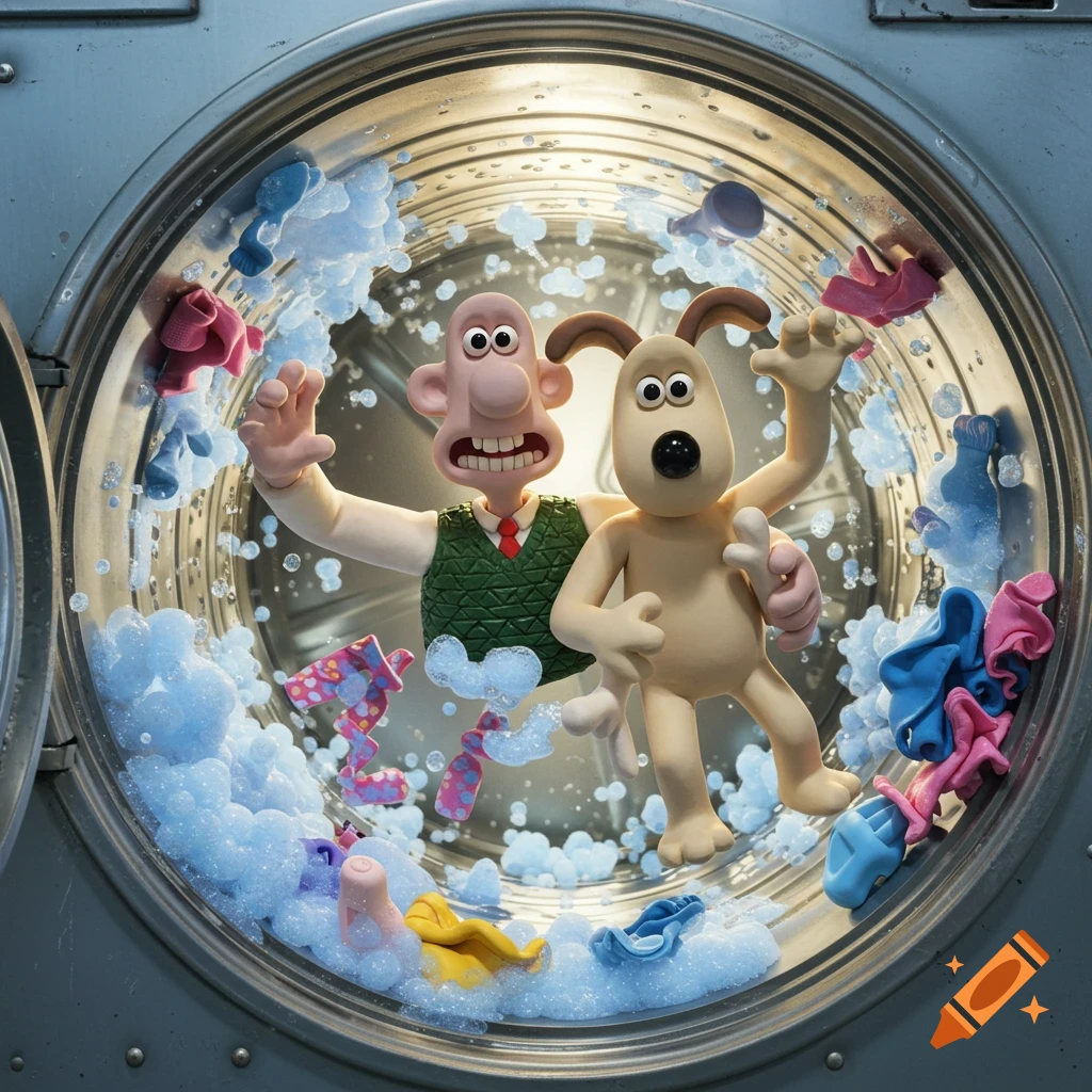 Wallace and Gromit appear surprised inside a swirling washing machine with soap bubbles and colorful clothes.