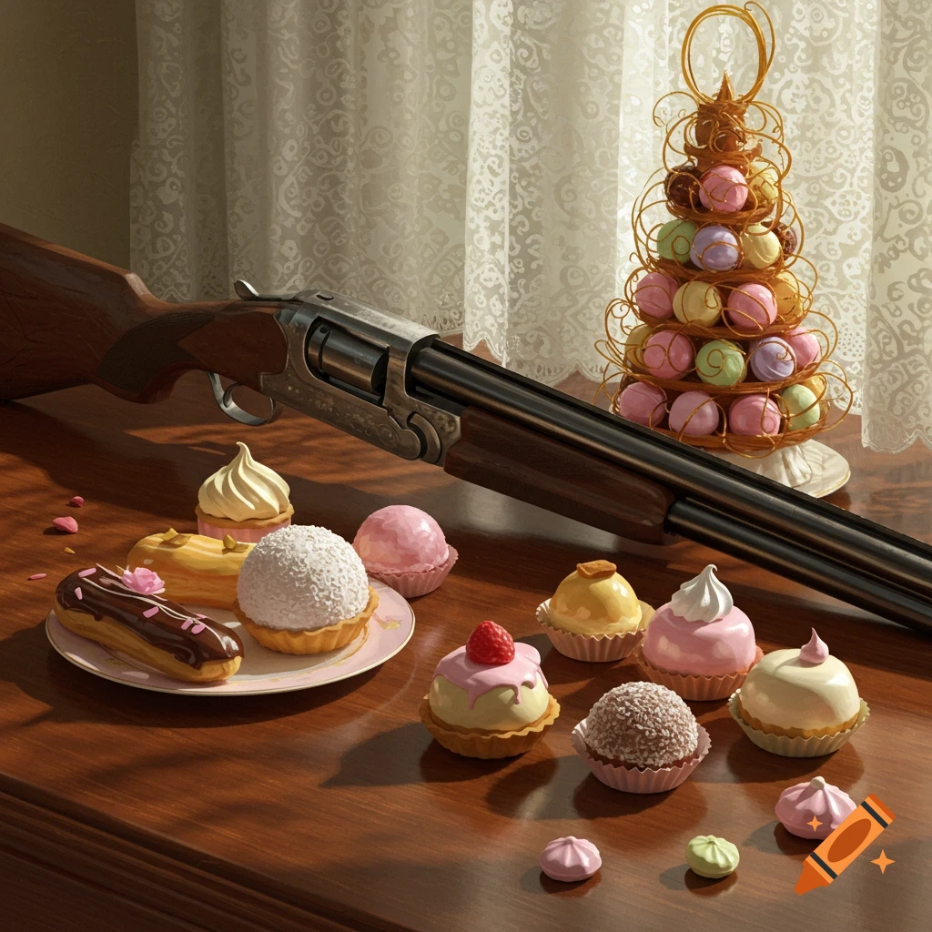Photorealistic image of a shotgun on a wooden table, surrounded by an assortment of colorful desserts and pastries.