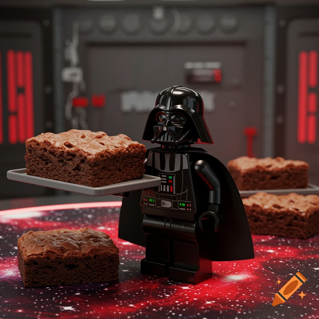 A Lego Darth Vader minifigure holds a tray with a brownie, with more brownies on a red galaxy-patterned surface. The background is a dark, metallic spaceship interior.