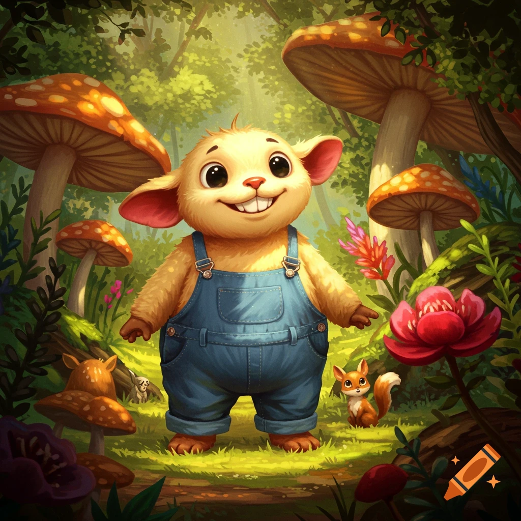 A cute, happy yellow furry creature in blue overalls smiles in a whimsical forest with large mushrooms and a squirrel.