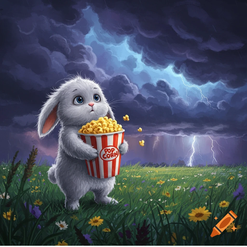 A fluffy grey bunny holds a red and white striped popcorn bucket in a green field as a storm with lightning approaches in the dark sky.