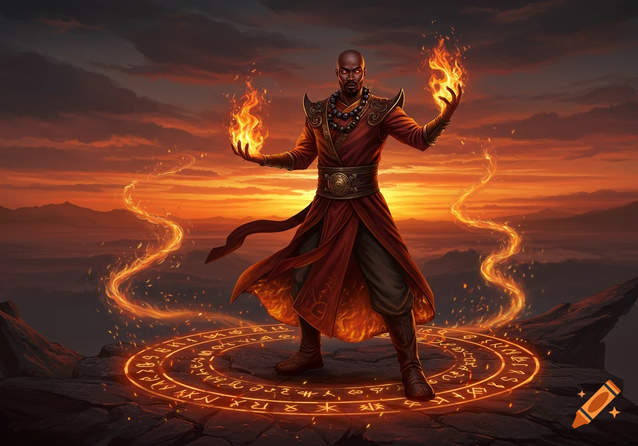 Bald, dark-skinned male fire sorcerer in red robe standing on glowing magic circle, conjuring fire against a fiery sunset.