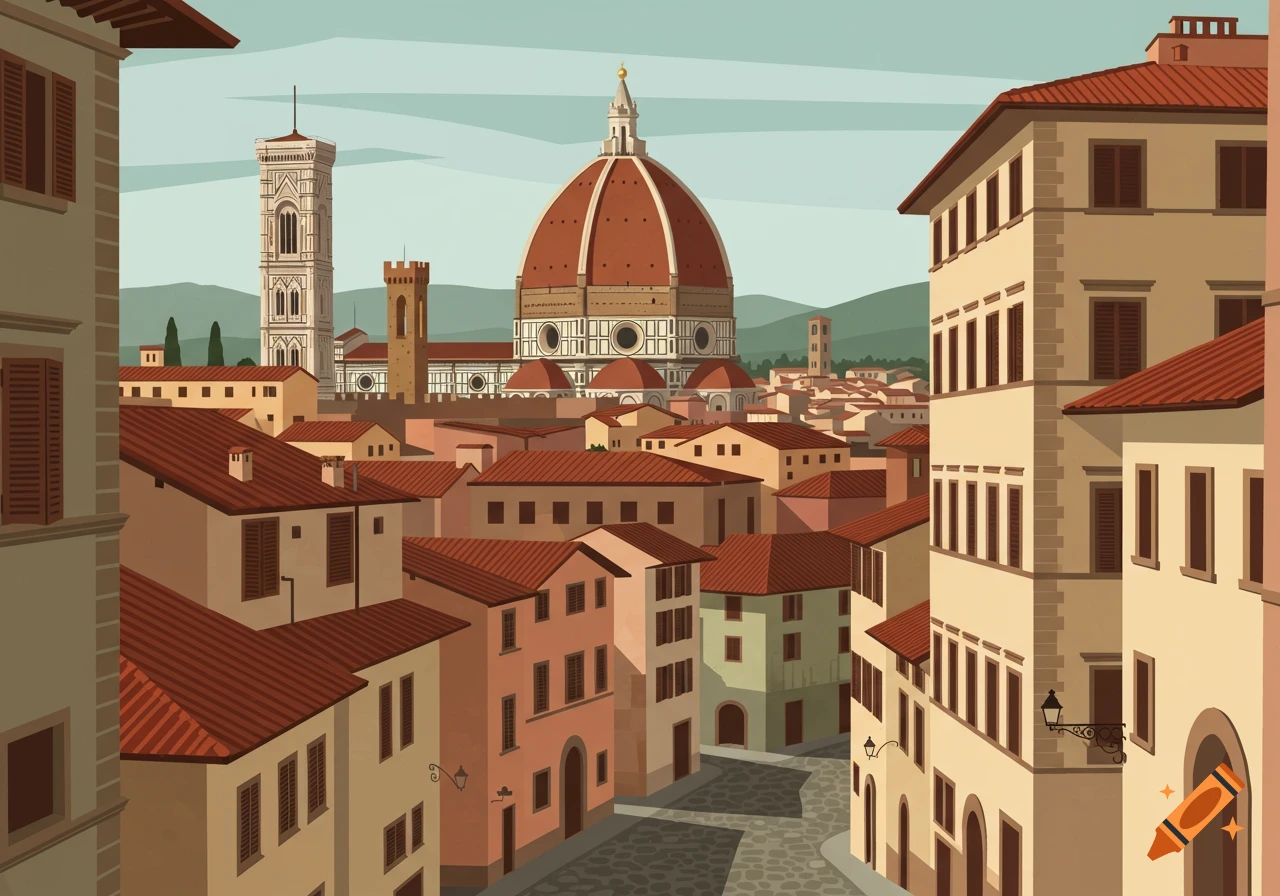 Illustrated cityscape of Florence, Italy, with the iconic Duomo and Giotto's Campanile dominating the skyline above terracotta roofs.