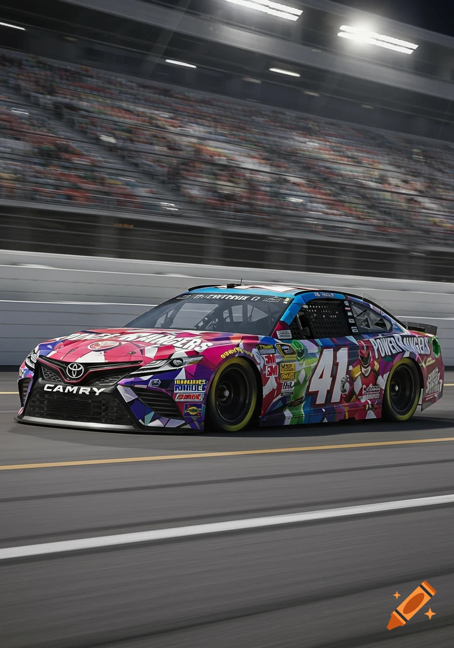 A colorful NASCAR Toyota Camry race car with a Power Rangers and Fortnite themed paint scheme speeds around a track with spectators in the background.
