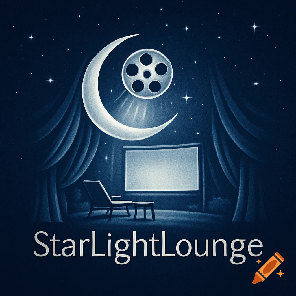An illustration of a celestial outdoor cinema at night, featuring a moon, stars, film reel projecting onto a screen, and 'StarLightLounge' text.