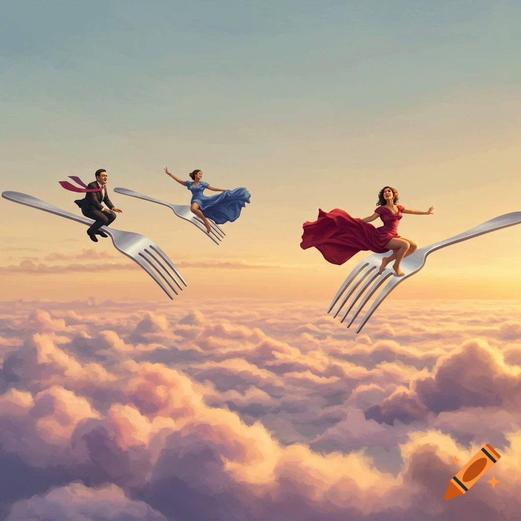 A man and two women in dresses fly through a cloudy sunset sky while sitting atop giant forks in a surreal style.