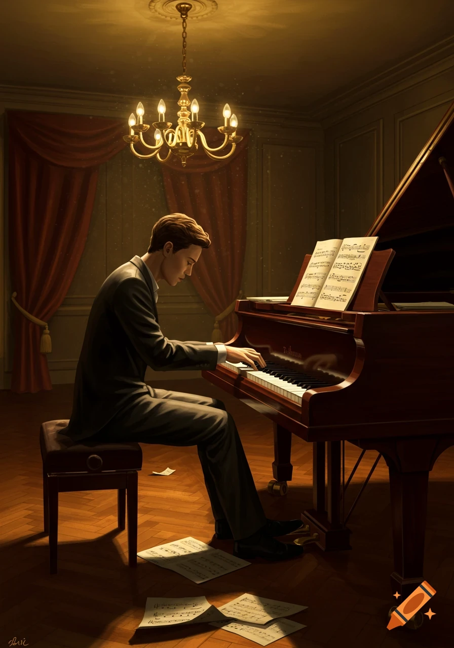 A man in a suit plays a grand piano in a dimly lit, elegant room with a chandelier and sheet music.