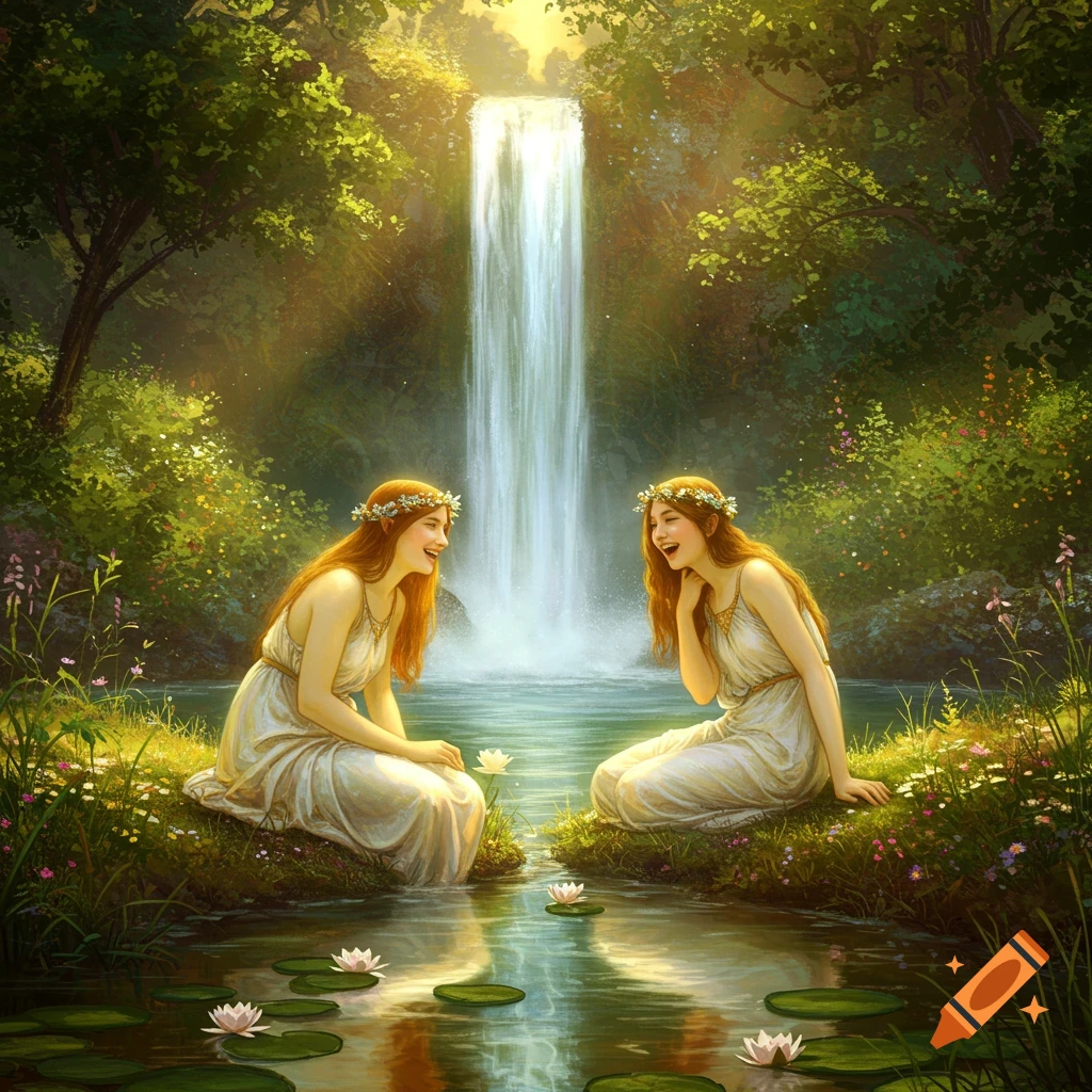 Two laughing water nymphs in white dresses sit by a pond with water lilies and a waterfall in a lush, sunlit forest.