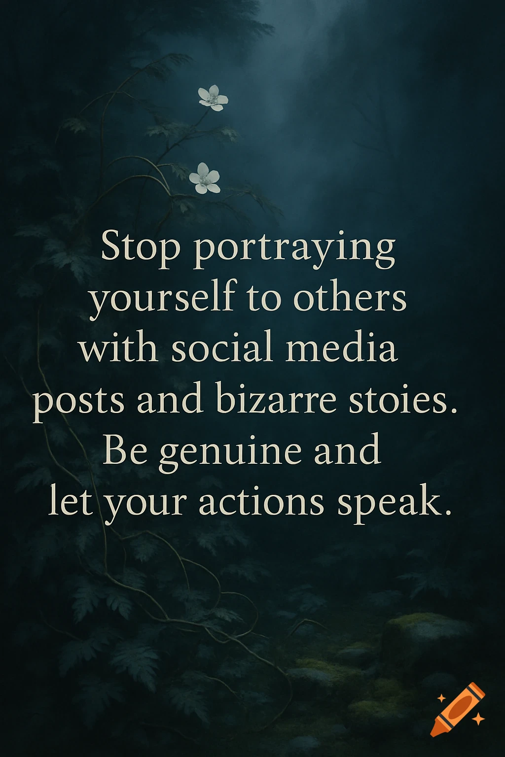 A moody nature scene with two white flowers and vines, featuring a quote about being genuine.