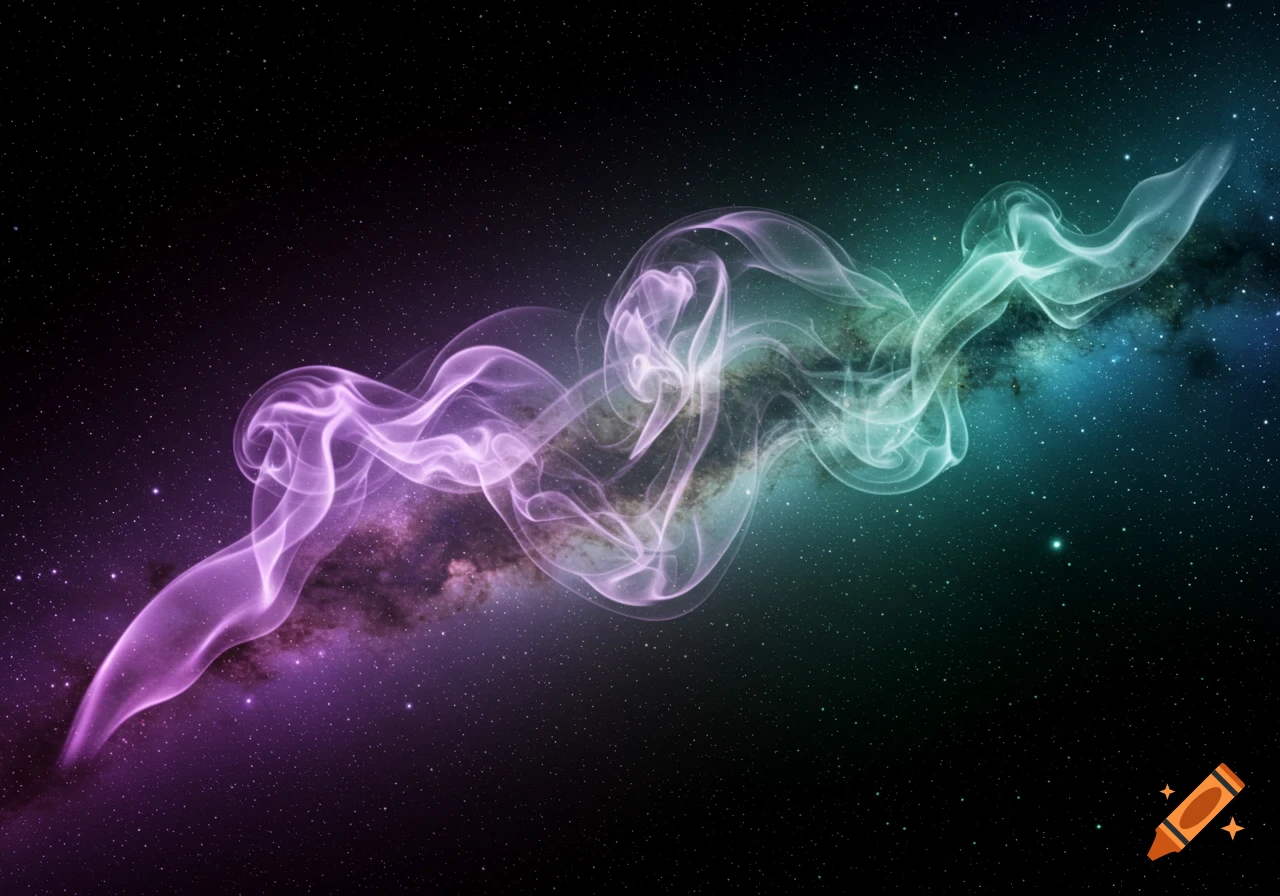 Purple and teal smoke swirls across a dark starry space background with nebulae.
