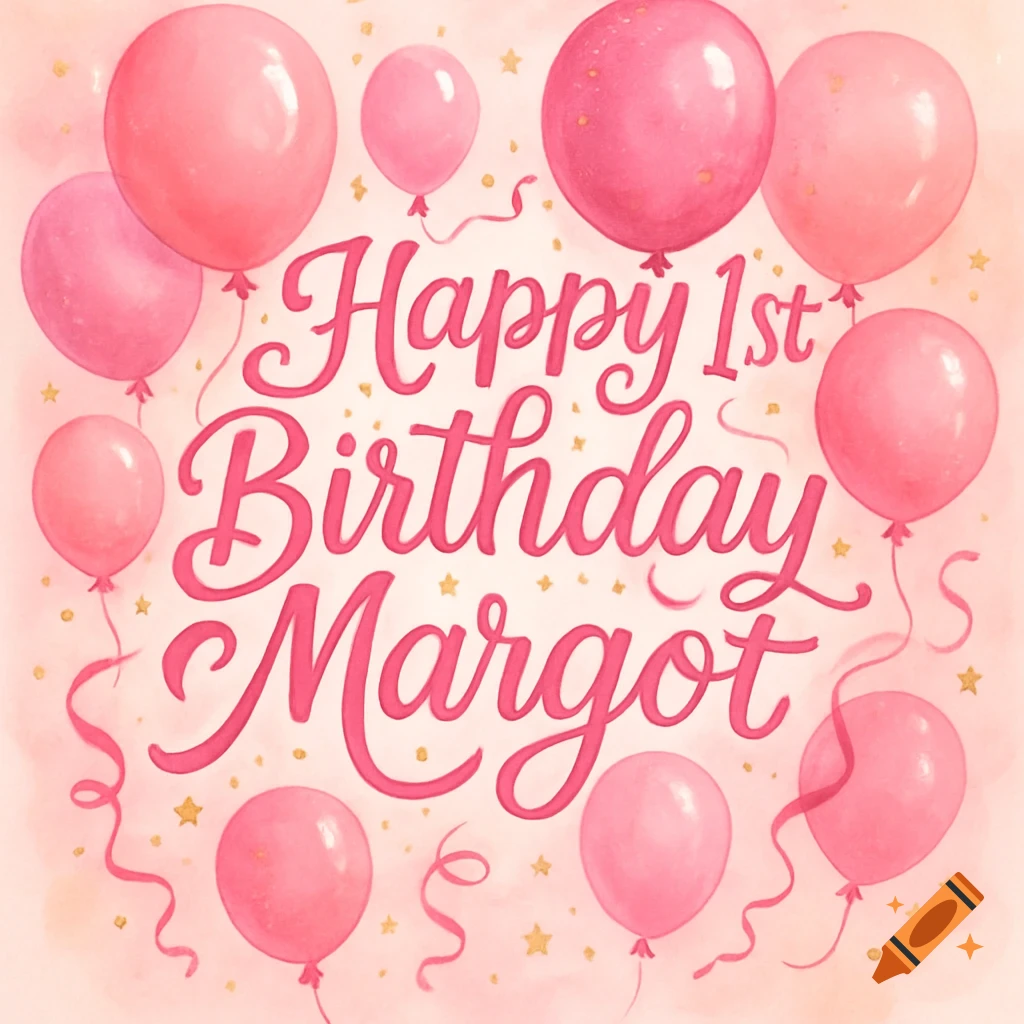 Pink watercolor birthday greeting card with balloons and stars saying 'Happy 1st Birthday Margot'.