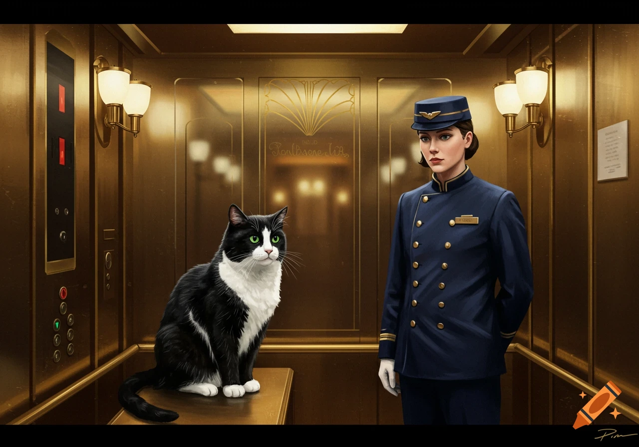 A photorealistic image of a black and white cat sitting on a golden bench inside an ornate golden elevator, next to a person in a dark blue attendant uniform.