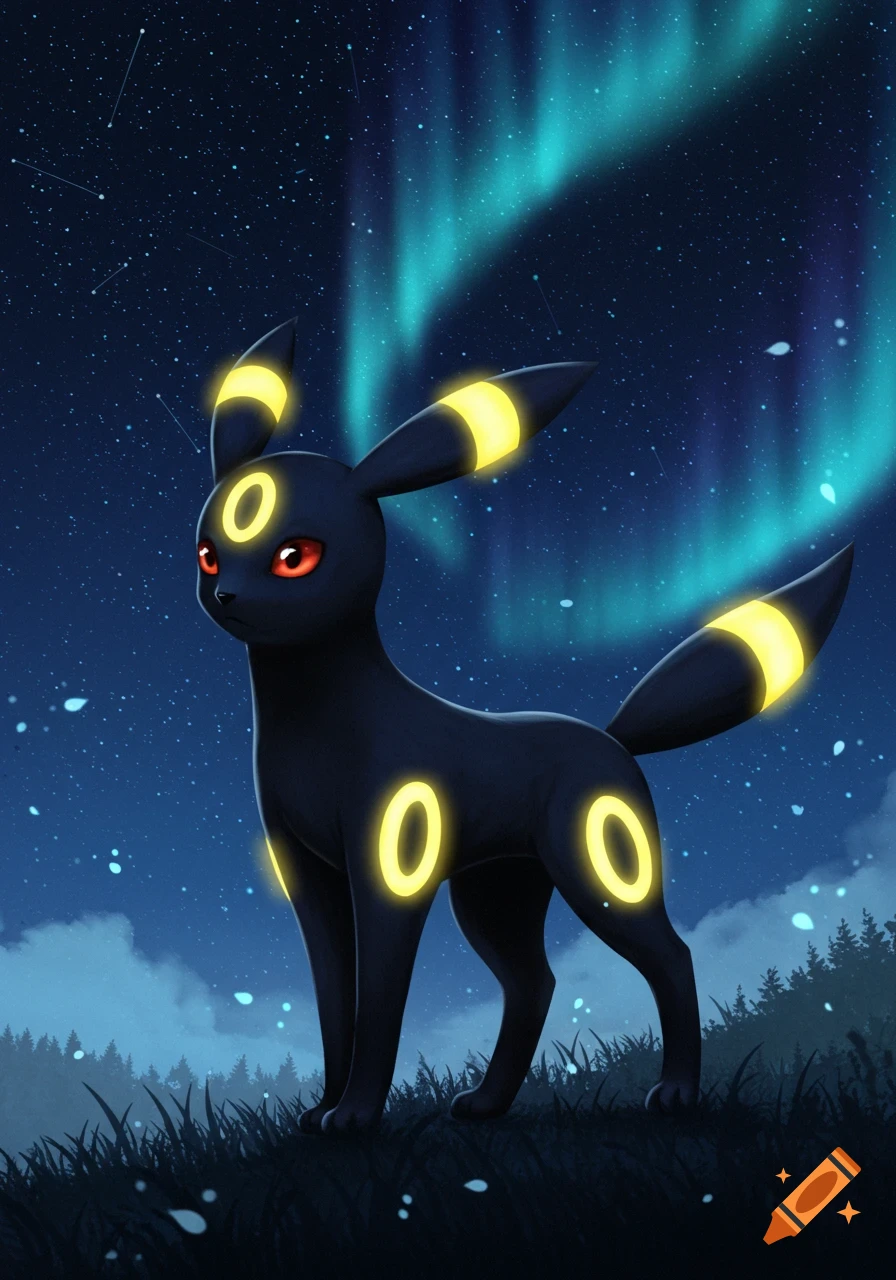 A dark-furred Umbreon with glowing yellow rings and red eyes stands on a grassy hill under a starry night sky with a vibrant aurora borealis.